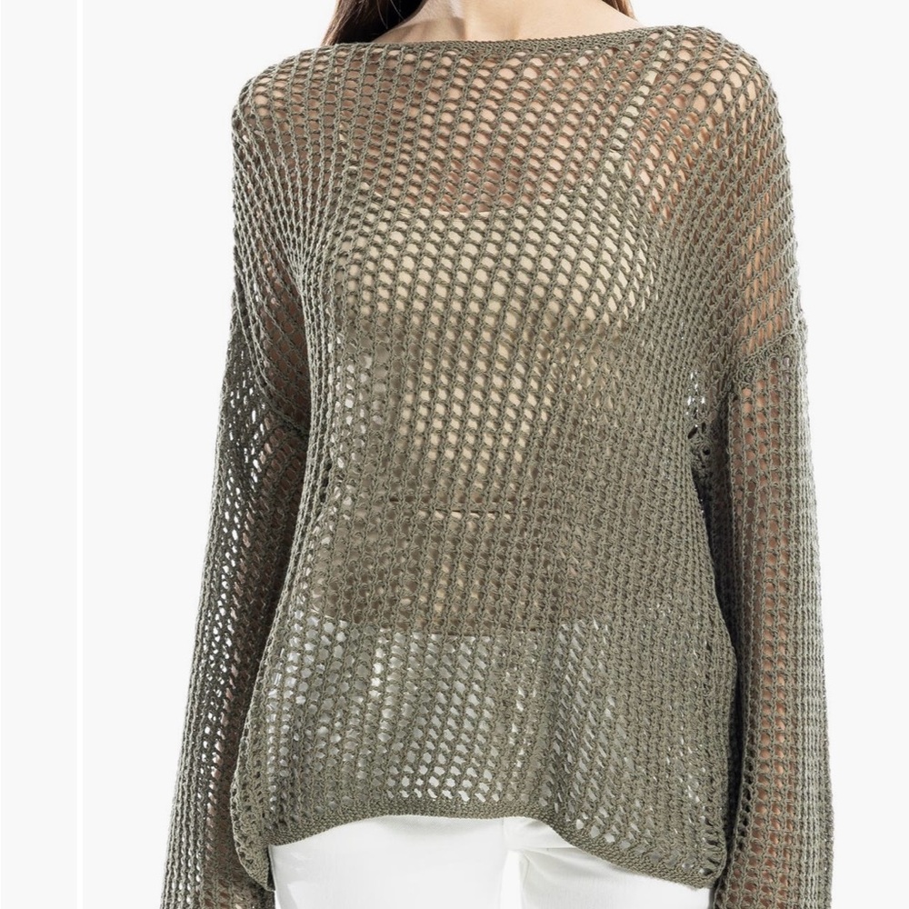 Max Studio Open-Weave Scoop Neck Sweater in Olive